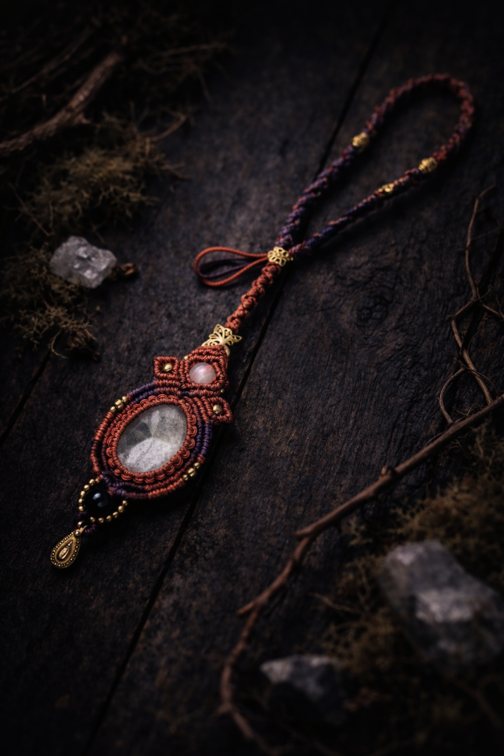 Edelstein Makramee Dreadwrap „Papilio Noctiluna“ | mit großem Mondstein und Onyx