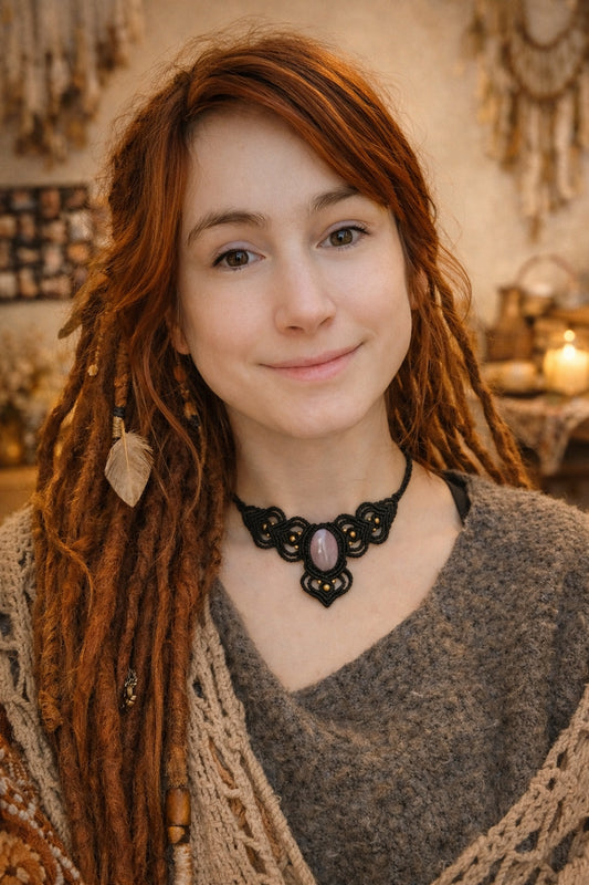 Rosenquarz Makramee Collier "Auralis"