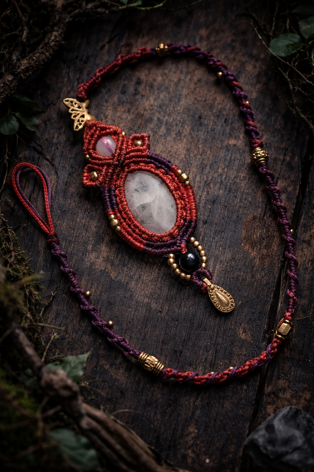 Edelstein Makramee Dreadwrap „Papilio Noctiluna“ | mit großem Mondstein und Onyx