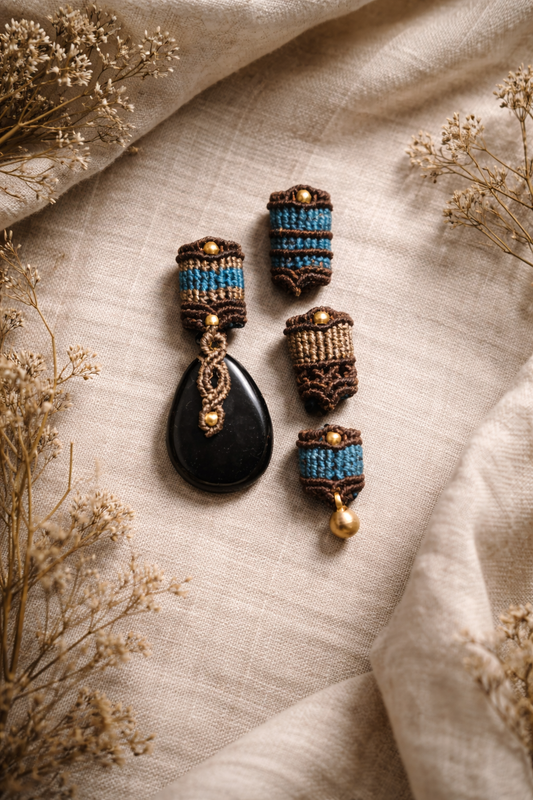 Makramee Perlen Set "Noctua" mit großem Onyx Anhänger | Makrameanea