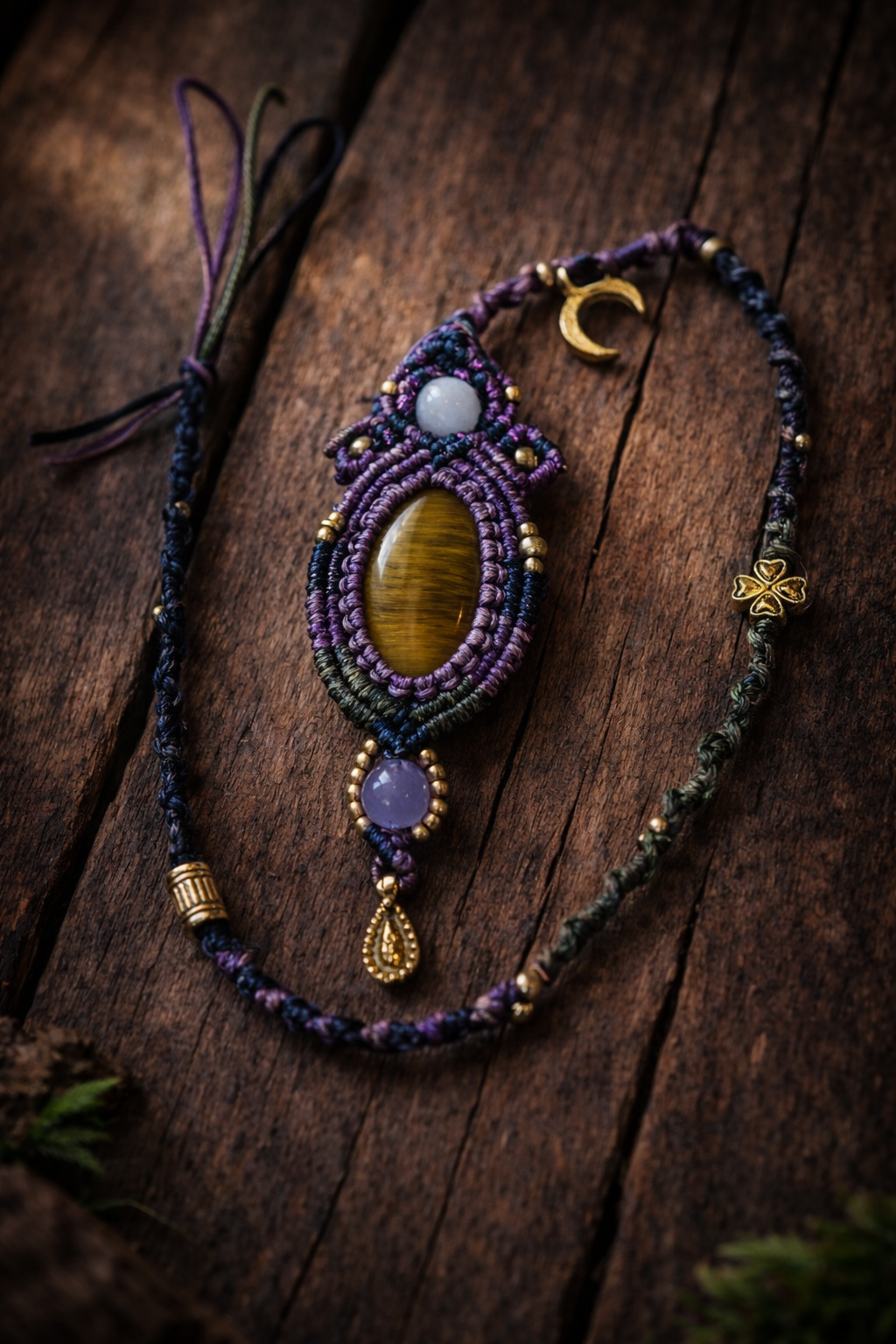 Edelstein Makramee Dreadwrap „Skadi's Blick“ | mit großem Tigerauge