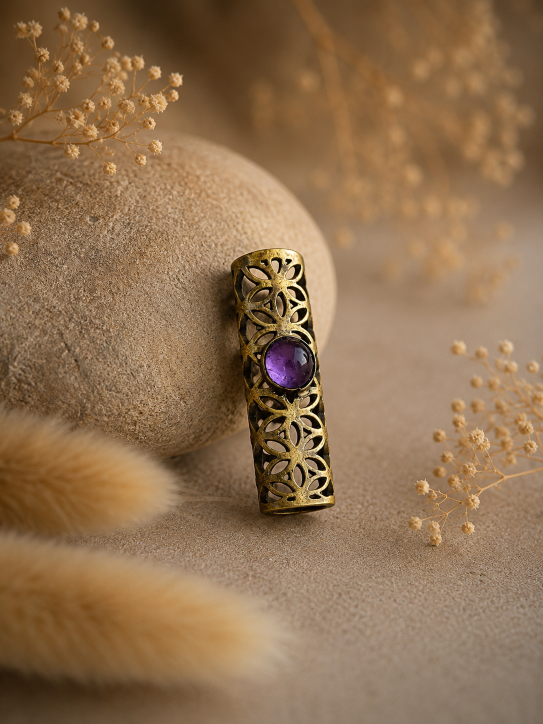 Messing Dreadperle "Blume des Lebens" mit Amethyst, Gr. M