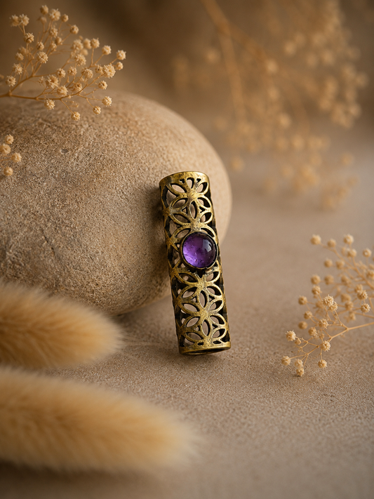 Messing Dreadperle "Blume des Lebens" mit Amethyst, Gr. M