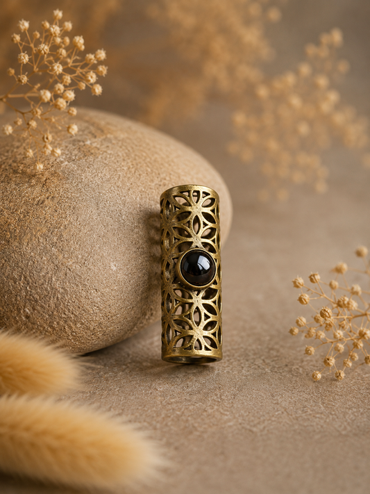 Messing Dreadperle "Blume des Lebens" mit Onyx, Gr. M